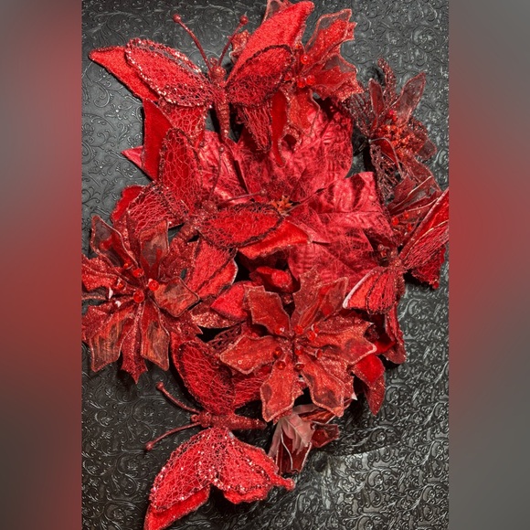 13 Red Artificial Poinsettia Flower Clip-on Christmas Ornaments & Butterflies EP - Picture 1 of 12